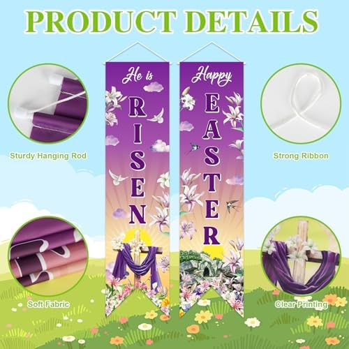 Easter Door Banner Set of 2, He Is Risen Banner Sign, Happy Easter Religious Porch Banner Decoration, Banners Decor for Front Door Porch Wall Yard Party Supplies Indoor Outdoor Decoration (Purple) - Image 3