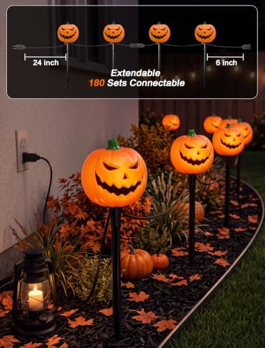 SUNSGNE Halloween Pathway Lights, Set of 4 Halloween Pumpkin Stake Lights with 5 C7 LED Light Bulbs(1 Spare), Connectable Pumpkin Light for Path Walkway Driveway Garden Decorations - Image 3