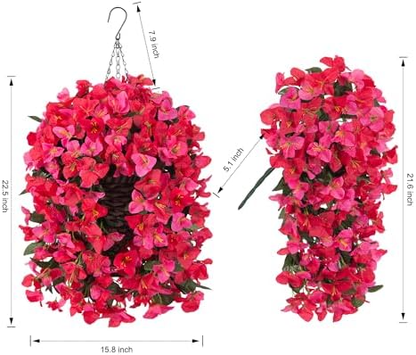 Ivydale Bougainvillea Artificial Hanging Fake Flowers with Basket for Outdoors Decoration, Faux Silk Flowers UV Resistant Fake Plants Long Vines Realistic for Outside Front Door Porch Patio, Red Pink - Image 2