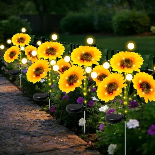 Sunflower Solar Lights Outdoor, 4 Pack Sunflowers with Firefly Lights, Waterproof Solar Flower Lights with 1000mAh Battery for Patio Porch Lawn, Gifts for Mom Women Grandma, Yard Decorations Outdoor by Zhaoray