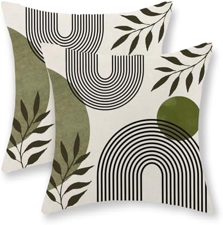 Boho Summer Pillow Covers 18x18 Inch 2 Pcs Sage Green Tropical Leaf Outdoor Decorative Throw Pillows, Mid Century Abstract Art Farmhouse Decor Pillowcase Linen Cushion Cover for Couch Sofa G-6 by JEFERSO