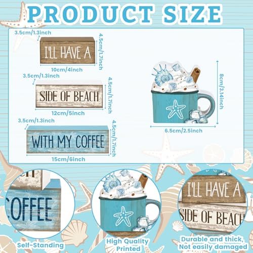 Lineshading 4 Pcs Beach Coastal Wooden Block Signs with Coffee Cup Summer - Image 6