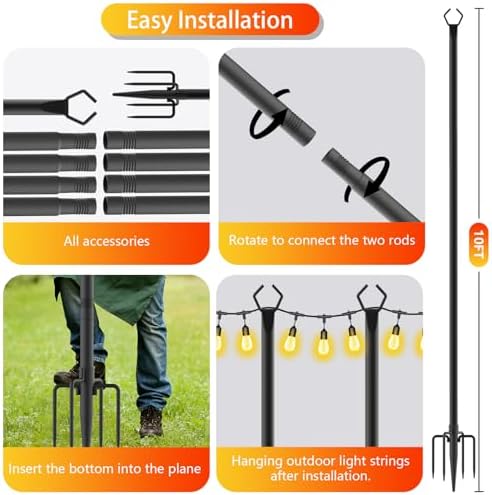 AHRLHR 10 Pack String Light Poles, Outdoor String Light Pole 10 ft Forked Metal Light Pole with Adjustable Outdoor Light Stand, Deck, Backyard, Garden, Wedding, Rustproof and Sturdy with Hooks. - Image 7