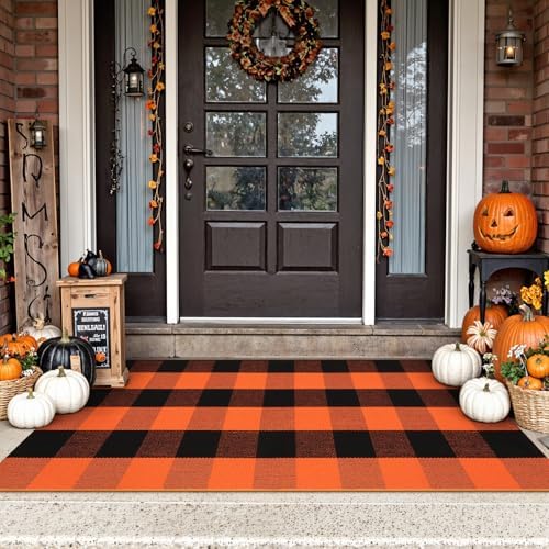 Uphome Bufflo Plaid Outdoor Rug 2'x4.3', Fall Decor Checkered Front Door Mat, Indoor Outdoor Farmhouse Porch Rug for Layered Door Mats, Washable Halloween Black/Orange Runner for Patio Entryway by Uphome