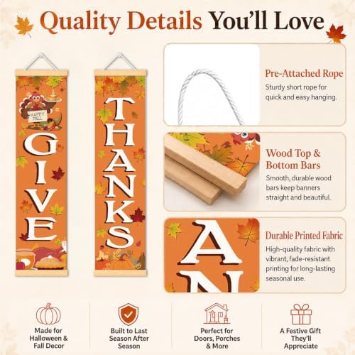 Give Thanks Door Banner Set of 2, Thanksgiving Fall Porch Decor for Home - Image 3