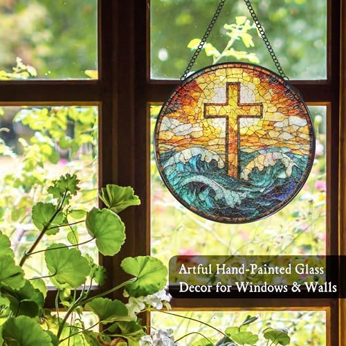 Coastal Beach Cross Stained Glass Window Hanging Suncatcher, Christian Ocean Wave Sun Catcher Indoor Window Decor Gifts, Religious Painted Glass Round Wall Hanging Decorations 7.8x7.8 in - Image 4