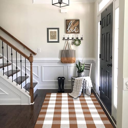 Homydecor Buffalo Plaid Outdoor Rugs, 28'' x 43'' Coffe and White Checkered Area Rug, Layering Rug for Hello/Welcome Door Mat, Washable Cotton Woven Farmhouse Mat for Front Porch Décor - Image 6