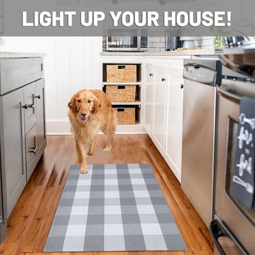 IOHOUZE 27.5x43 Buffalo Plaid Rug, Washable Outdoor Door Mat, Grey White - Image 3