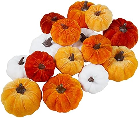Winlyn Set of 16 Assorted Faux Small Rustic Harvest Decorative Pumpkins Velvet Fabric Foam Pumpkins in Rust Orange White for Farmhouse Fall Wedding Thanksgiving Centerpiece Table Mantel Décor by Winlyn