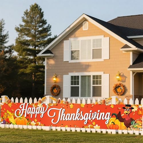 Happy Thanksgiving Banner Outdoor，Large Fall Banner for Thanksgiving Decorations Maple Leaf Turkey Pumpkin Decorations Fall Yard Banner for Party Supplies, Yard Sign Background Photography - Image 3