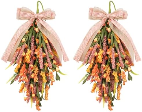Set of 2 PCS Fall Swags with Artificial Flowers Berries for Front Door, Autumn Fall Teardrop for Indoor Outdoor, Harvest Thanksgiving Teardrops for Mailbox by Egolot