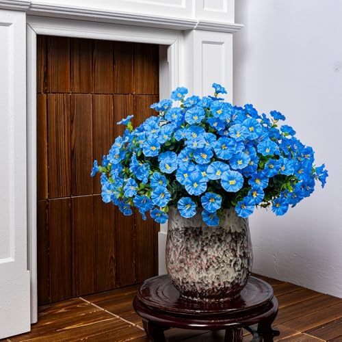 Artificial Faux Flowers for Outdoor 16 Bundles Fake Morning Glory,Blue - Image 5
