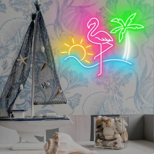 Dimmable Summer Neon Sign Powered by USB,Acrylic Pink Flamingo Green Palm Tree Neon Art Light Sea Beach Light up Decor,Personalized Neon Light for Girls Room Sea Hotel Beach Pool Party(15.7x11Inch) - Image 2