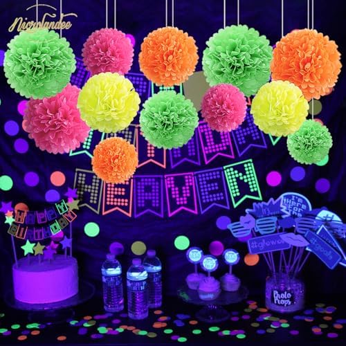 NICROLANDEE Blacklight Party Decorations 12 PCS Neon Tissue Paper Pom Poms - Image 5