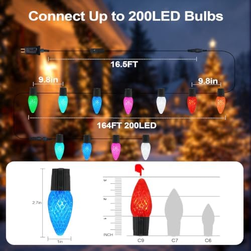 Smart C9 Christmas Outdoor Lights, 164FT 200LED APP Remote Control String Lights, DIY Chasing Xmas Lights, RGB Color Changing with Timer & Music Sync for Holiday Xmas Tree Decoration - Image 6