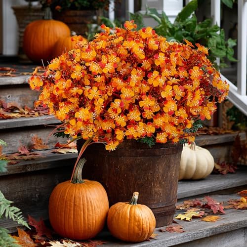 AXYLEX Artificial Fall Flowers Outdoor Fake Mums (Orange, 12 Bundles) by AXYLEX