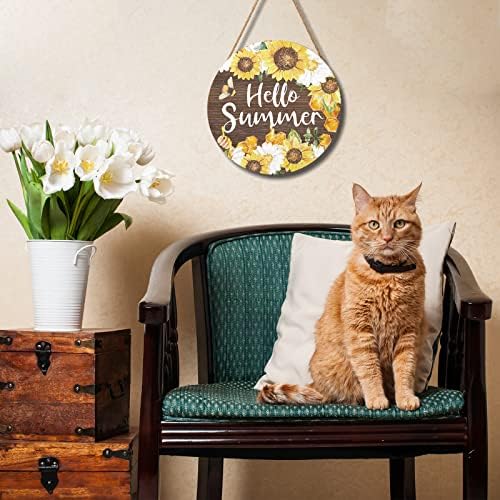Hello Summer Sign 12 x 12 Inch Summer Themed Sunflower Welcome Sign Front Door Decor Farmhouse Porch Decoration Sunflower Round Wooden Hanging Sign for Home Garden Farmhouse Yard - Image 4