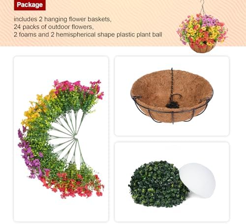 2 Set Artificial Flowers Faux Hanging Plants Basket for Spring Summer Outdoor Outside Decoration, Fake Silk UV Sun Resistant Daisy Eucalyptus for Porch Home Patio Balcony Yard Decor - Image 3