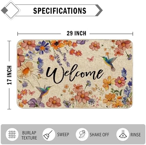 Wildflower Welcome Doormat 17"x29", Flower Spring Door Mat Indoor Entrance, Indoor Front Door mat, Non Slip Outdoor Entrance Mats, Low Profile Design Patio Porch Entryway Mats - Image 3