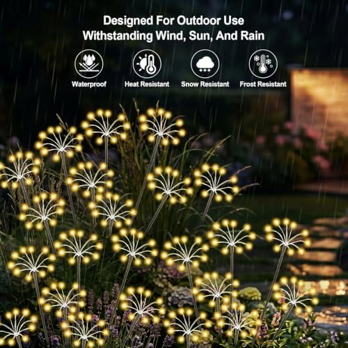 Solar Garden Lights Outdoor, 2 Pack New Upgraded Solar Swaying Starburst Light, Waterproof Fireworks Solar Lights for Yard Patio Pathway Decoration, Warm White - Image 4