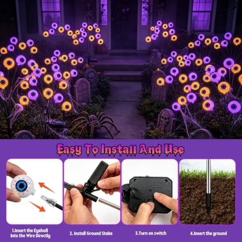 Halloween Decorations Outdoor, 4 Pack 24 LED Purple and Orange Solar Scary Eyeball Swaying Lights, Solar Firefly Light Waterproof Outdoor Lights for Halloween Yard Garden Party - Image 5