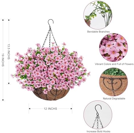Artificial Fake Hanging Flowers Plants Basket for Outdoors Outside Spring Decoration,Hanging Planters with Faux Silk Flowers Realistic UV Resistant for Balcony Porch Patio Garden Fron Home Decor（Pink） - Image 4