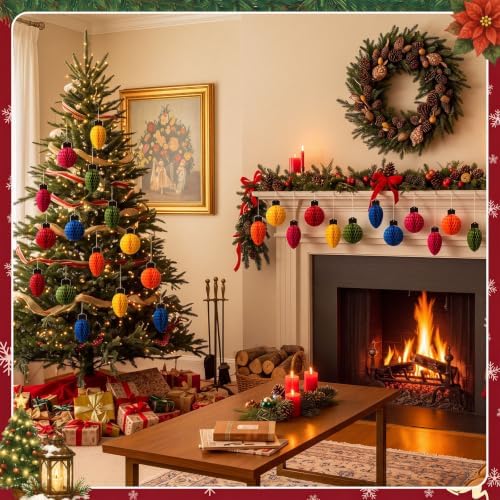 Gueevin 30pcs Christmas Party Decorations Honeycomb Hanging, 3D Tissue Paper Ball Light Bulb Hanging Ornaments, Colorful Holiday Lanterns for Christmas Tree, Table Centerpieces, Ceiling, Window Decor - Image 6