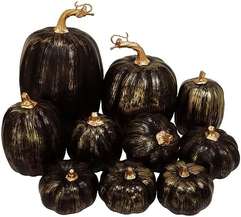 Winlyn 10 Pcs Assorted Artificial Gold Brush Black Pumpkins Decorative Halloween Pumpkins Faux Foam Pumpkins for Fall Halloween Thanksgiving Holiday Harvest Tabletop Centerpiece Mantel Décor by Winlyn