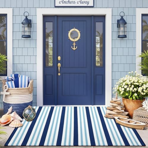 Moucuny 3' X 5' Navy White Blue Summer Vertical Stripe Outdoor Rug by Moucuny