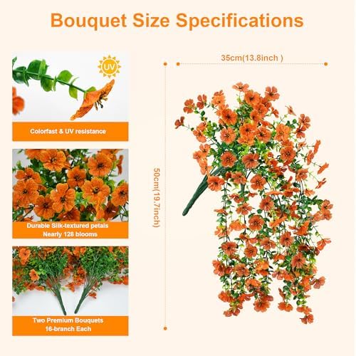 Artificial Fall Mums Fake Hanging Flowers for Outdoors 2PCS (Orange) - Image 2