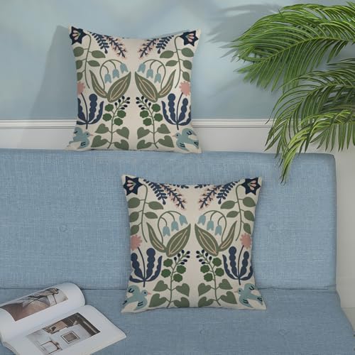 Navy Blue Boho Pillow Covers 20x20 Inch 2 Pcs Sage Green Floral Decor Throw Pillows Vintage Flower Seasonal Spring Summer Outdoor Decoration Pillowcase Linen Cushion Cover for Couch Sofa - Image 3