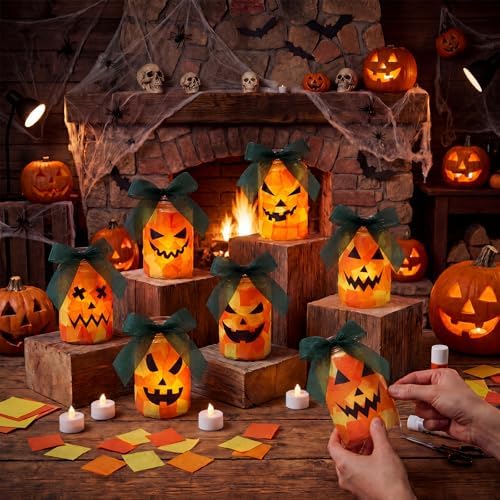 Qinyoung 12 Pcs Halloween Jack-o-lantern Crafts Pumpkin Mason Jars with LED - Image 3
