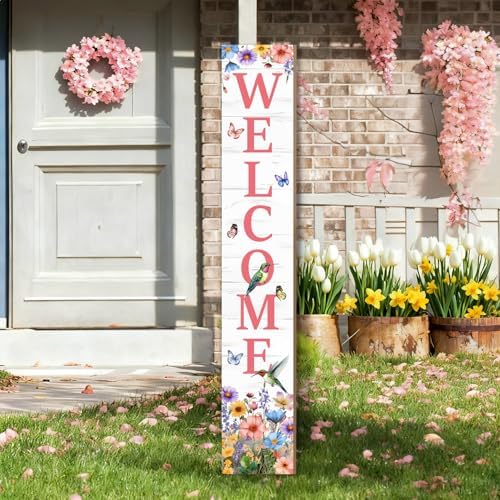 Hummingbird Welcome Sign for Front Door, Fall Porch Sign Tulip Flowers Outdoor Yard Sign Seasonal Tall Floral Welcome Porch Sign Wildflowers Wood Door Sign for Garden Patio Wall Home Decor - Image 2