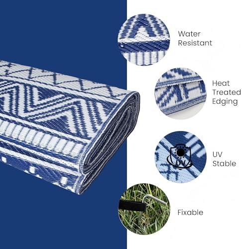 Outdoor Rug 8 x10 ft, Plastic Rug for Patio, Navy & White - Image 5