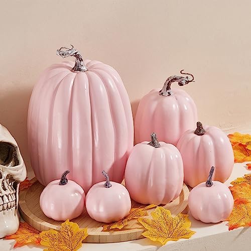 Lizxun 7Pcs Artificial Pumpkins Halloween Decoration, Lifelike Simulation Mixed Harvest Fall Foam Pumpkins for Halloween Thanksgiving Home Party Supplies (Light Pink-7Pcs) - Image 2