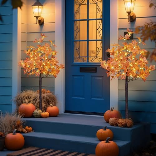 LIGHTSHARE 2PCS 4FT 144LED(72LED Each) Artificial Lighted Maple Tree Warm White Halloween Fall Decorations Indoor Outdoor, Orange - Image 4