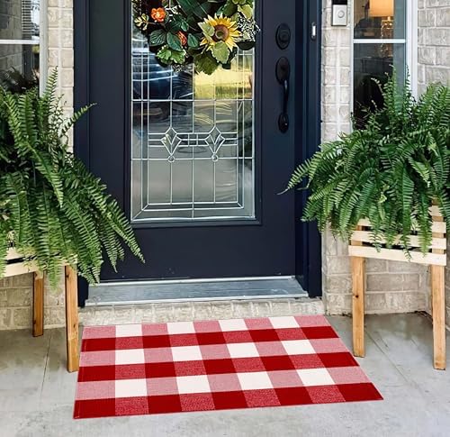 Red and White Front Door Mat 24"x35"Buffalo Plaid Christmas Outdoor Rug - Image 5