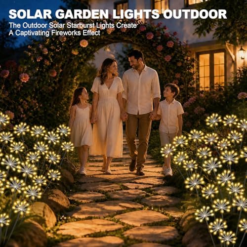 Solar Garden Lights Outdoor, Upgraded Solar Swaying Starburst Light Waterproof with 2 Modes, Solar Fairy Firework Lights for Yard Patio Pathway Flowerbed Balcony Garden Decoration (Warm White, 4 Pack) - Image 2