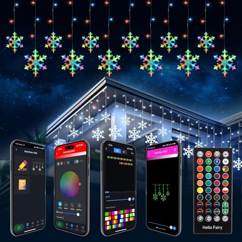 Smart Christmas Snowflake Icicle Lights, 11.5ft 156 LED 12 Drops Plug in, APP Remote Control 16 Million Colors, Curtain Lights Connectable with Timer & Music Sync for Xmas Decor Indoor Outdoor by VsMon-Fri