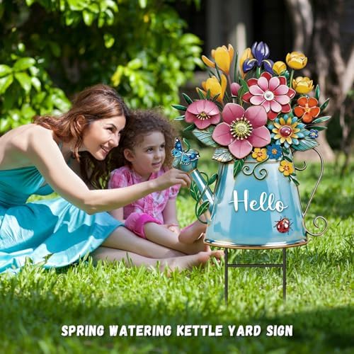 RattanView Summer Garden Decor for Outside, 26'' Decorative Garden Stakes Metal Watering Can with Flowers for Summer Decor Welcome Yard Signs for Outdoor Lawn Backyard Patio Porch Pathway - Image 5