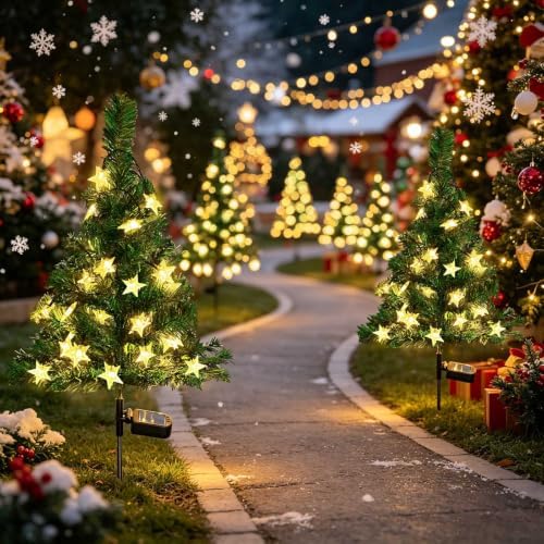 Windpnn Upgraded 2-Pack Solar Christmas Tree Garden Stake Lights, Waterproof Outdoor Christmas Decorations with 40 LED for Pathway Yard Front Porch Grave Decor - Image 7