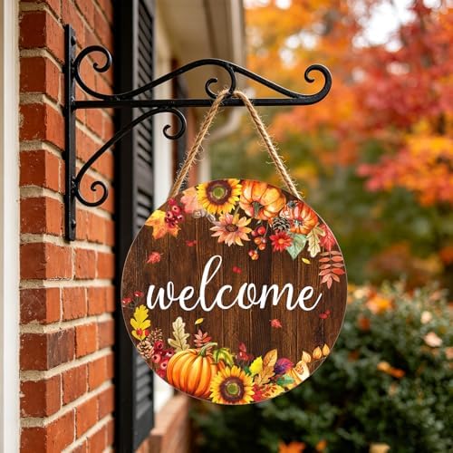 Fall Pumpkin Sunflower Front Door Welcome Hanger 12"x12" - Autumn Thanksgiving Farmhouse Decorations - Rustic Outdoor Hanging Plaque Wall Art for Home Porch - Image 4