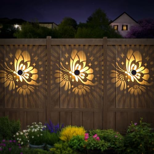 Hapjoy Solar Fence Lights 2 Pack Outdoor Deck Step Wall Lights Metal Waterproof LED Warm Yellow Light for Garden Post Patio Backyard Yard Decor (Butterfly-Flower, 2) - Image 3