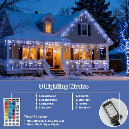 (New) Christmas Curtain Lights, RGB Remote Control Christmas Lights, 218 LED 13.8FT Outdoor String Lights with 12 Star Drops 8 Modes Waterproof for New Year, Eaves, Fence, Balcony, Railing Decor - Image 3