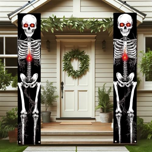 2PCS Red-Eyed Skeleton Halloween Porch Banners 71 x 12 Inch Scary Skeleton Door Decorations for Haunted House Entryway Spooky Halloween Wall Hanging Outdoor Yard Party Front Door Decor - Image 3