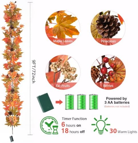 Artgar Fall Maple Leaf Garland, 9 Ft Fall Decor Garland with 30 Warm Lights - Image 2
