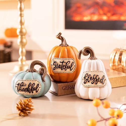 Valery Madelyn Pumpkins Fall Table Decor for Home, Set of 3 Resin Decorative Pumpkins Figurines Decor Indoor Tabletop Centerpieces Harvest Autumn Thanksgiving Dining Room Shelf Decoration, 6.3 inch - Image 2
