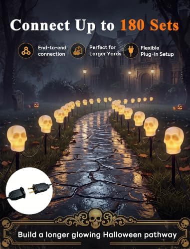 C7 Halloween Skull Pathway Stake Lights, 7 Ft Halloween Pathway String Lights with 4 C7 Bulbs, Stake, Halloweens Decorations Driveway Markers Lights for Outdoor Holiday Garden Walkway Party Lighting - Image 5