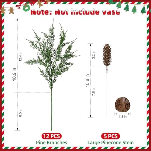 Cedar Stems Artificial Norfolk Pine Branches for Christmas Decor, 12 PCS Fake Pine Stems with 5 PCS Big Pine Cones Branches Realistic Fake Plants Faux Greenery for Vases DIY Garland Xmas Table Indoor - Image 5