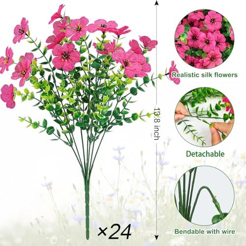 Ouddy Decor 24 Pcs Artificial Flowers for Outdoors Decorations, Rose Red - Image 2